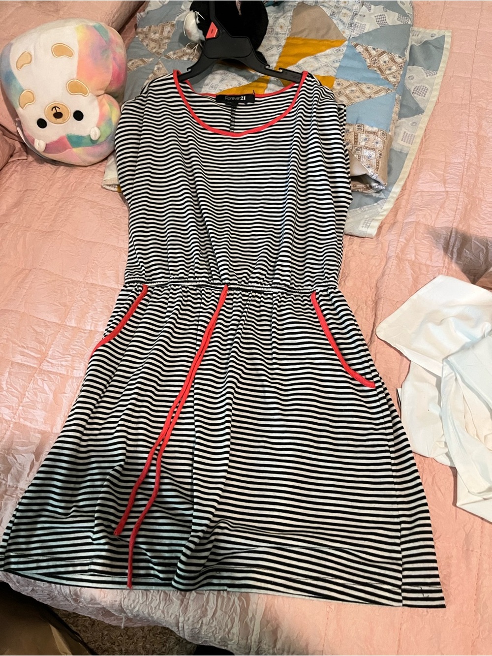 Forever 21 Black & White Striped Dress with Coral Trim Accents